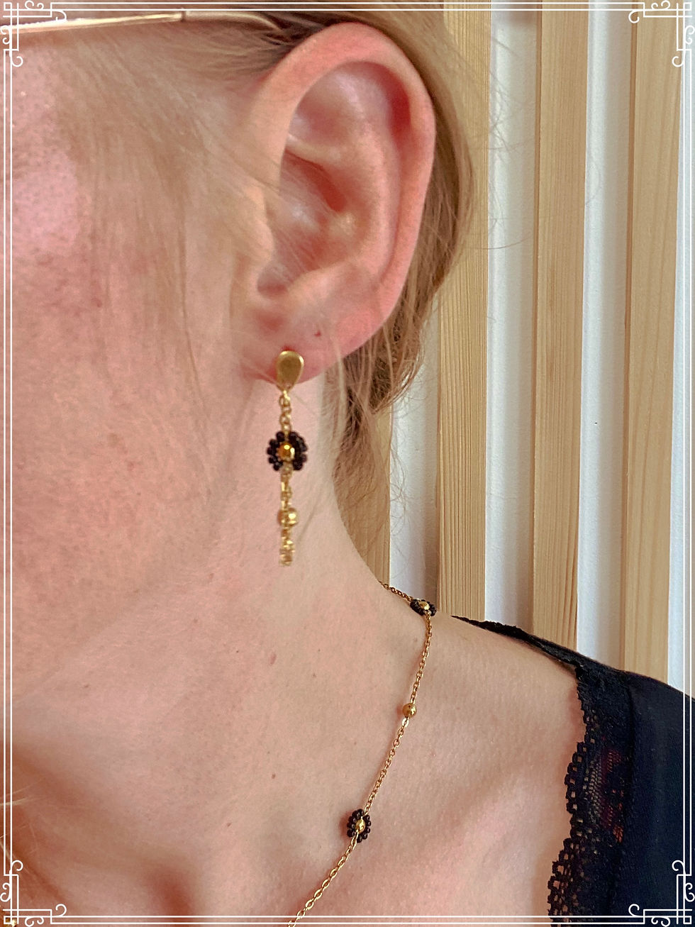 Miniature : Boucles Floralie en noir et doré acier inoxydable artisanal