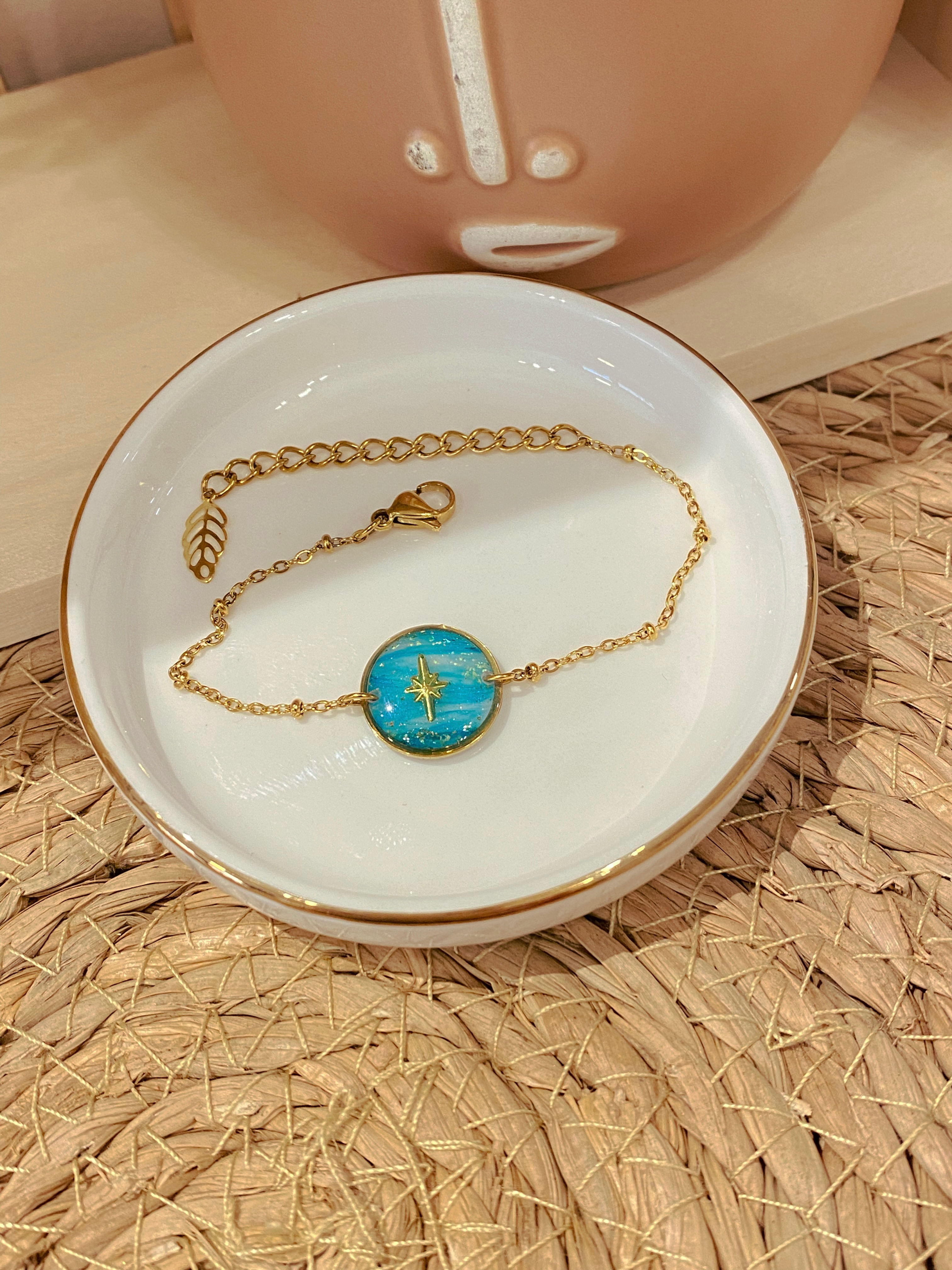Bracelet Osmoz artisanale  acier inoxydable doré et bleu étoile argile polymère