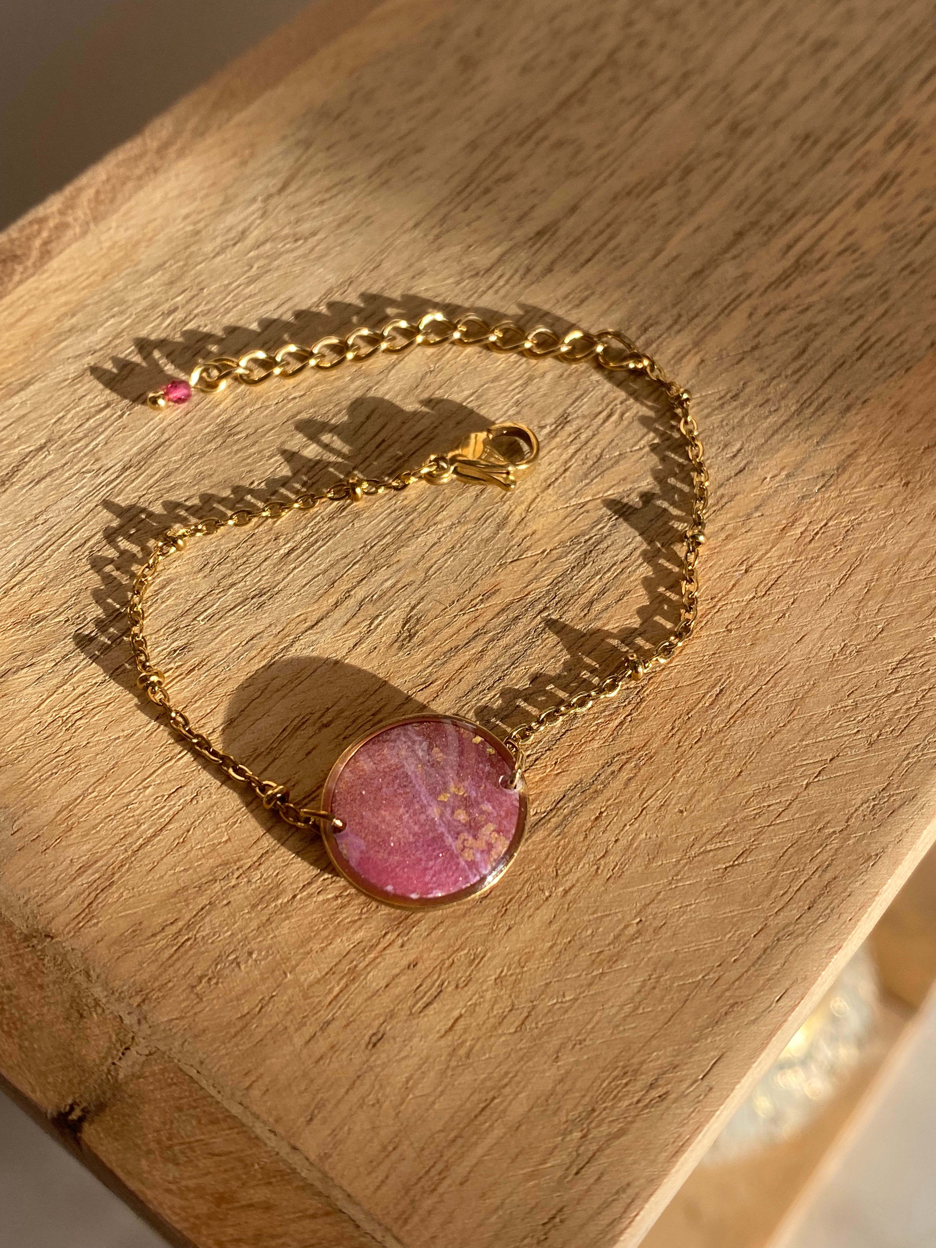 Bracelet Osmoz artisanale  acier inoxydable doré et rose argile polymère