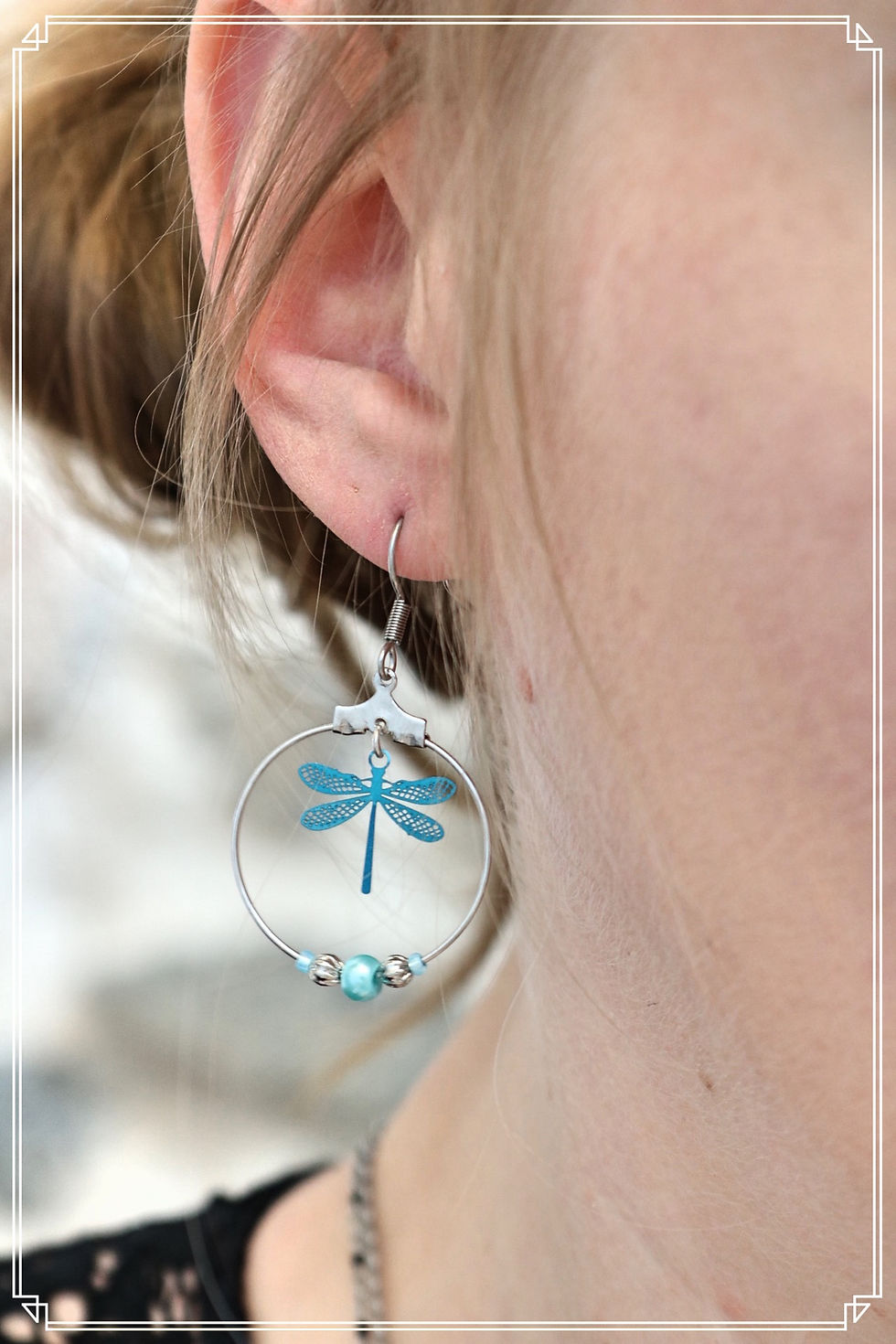 Miniature : Boucles d'oreilles créoles libellules filigranes bleues attaches acier inox