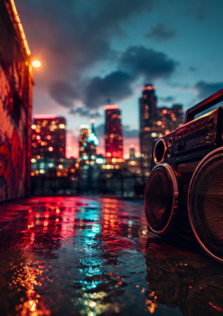 Reggaeton-inspired urban scene featuring a vintage boombox, graffiti art, and neon city lights symbolizing the artists who popularised reggaeton in the 2000s.