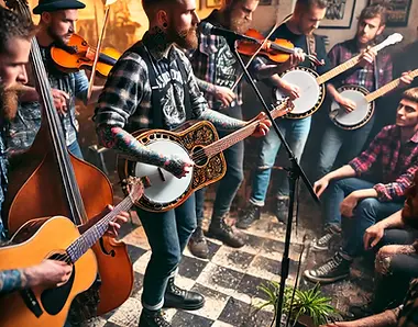 Picture highlighting the essence of a folk punk performance with a mix of acoustic instruments and punk aesthetics.