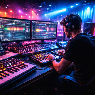 EDM music producer working in a modern studio during the 2010s, surrounded by synthesizers, MIDI controllers, and digital audio software creating electronic dance music.