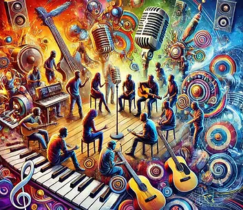 A vibrant and artistic depiction of musical collaboration, featuring diverse artists from different genres coming together in a dynamic, colorful studio