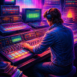 1980s music producer working in a retro-futuristic studio with synthesisers, drum machines, and digital recording equipment.