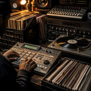 Music producer sampling vinyl records.