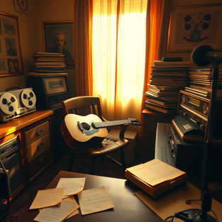A cozy 1970s music studio setting with warm golden lighting, a vintage acoustic guitar resting on a wooden chair, an old reel-to-reel tape recorder, handwritten lyrics on yellowed paper scattered on a desk.