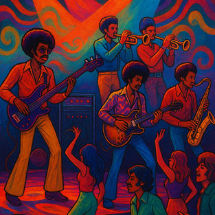 A vibrant 1970s funk-inspired scene featuring a live band on stage, bathed in colourful neon and psychedelic lighting.