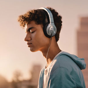 AI-Generated image of a person listening to music on headphones.