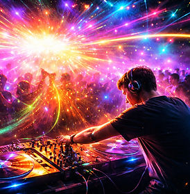 A DJ performing at a 1990s drum and bass rave with vibrant neon lights and a packed crowd dancing, capturing the high-energy underground electronic music scene.