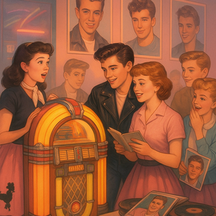 A nostalgic 1950s scene featuring teenage fans gathered around a jukebox in a diner with neon lights, posters of young male pop stars on the wall, and records stacked nearby.