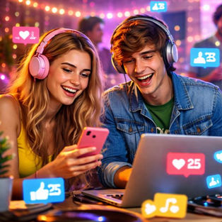 Young people in a 2000s-style setting discovering music through early social media, using laptops, smartphones, and headphones, symbolising digital-era music discovery and online sharing.