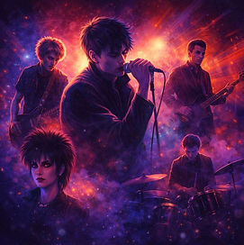 A stylized 1980s post-punk band performing on stage under moody neon lighting, featuring expressive vocals, distorted guitars, and atmospheric visuals reflecting alternative music culture.