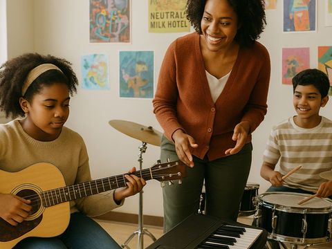 A modern classroom setting with diverse young students playing musical instruments like acoustic guitar, keyboard, and drums.