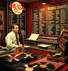 Vintage 1950s radio studio scene with a radio DJ announcing music hits, surrounded by vinyl records, a retro microphone, and a large chart board listing song names.