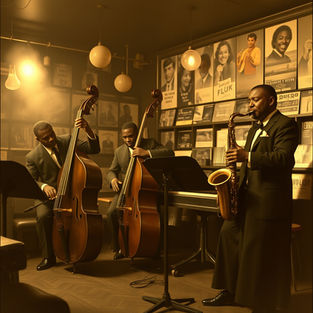 A vintage 1950s scene inside a smoky jazz club or urban record store, featuring African-American musicians in sharp suits and dresses playing R&B music.