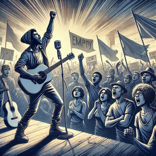 A powerful and emotional illustration of a protest scene with musicians playing instruments amid a large crowd holding signs.