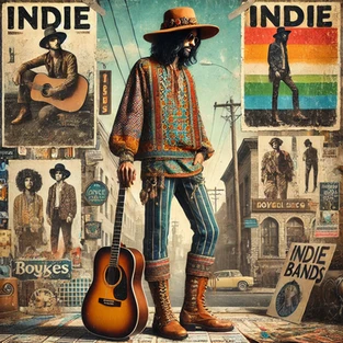 A stylish, visually captivating image featuring a bohemian-inspired figure highlighting the intersection of indie music and fashion.