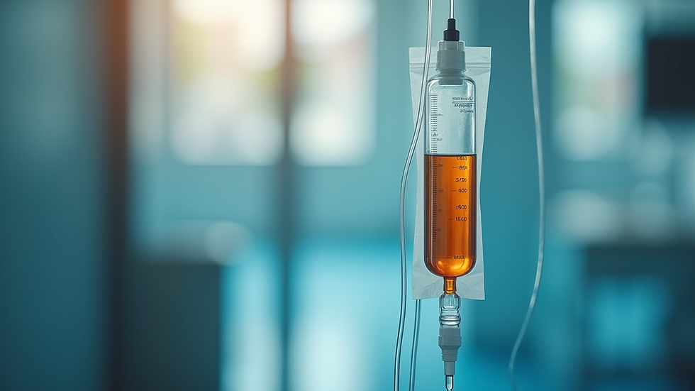 Close-up view of IV drip bag with clear vitamin infusion liquid