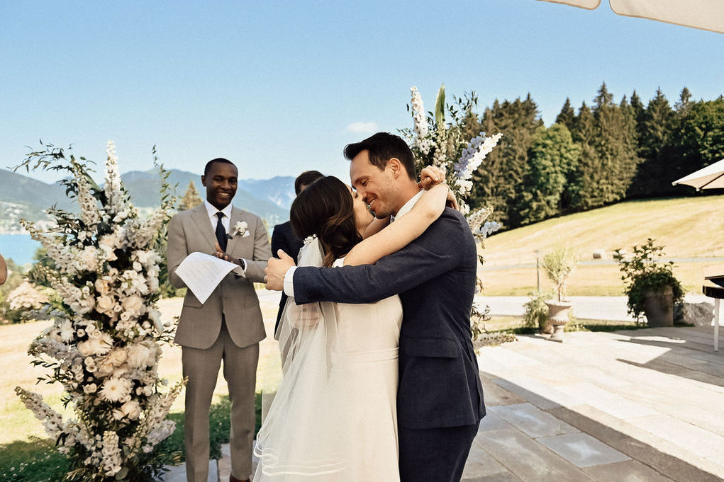 Outdoor mountain wedding ceremony at Tegernsee Bavaria Germany, alpine wedding setting, destination wedding location Europe