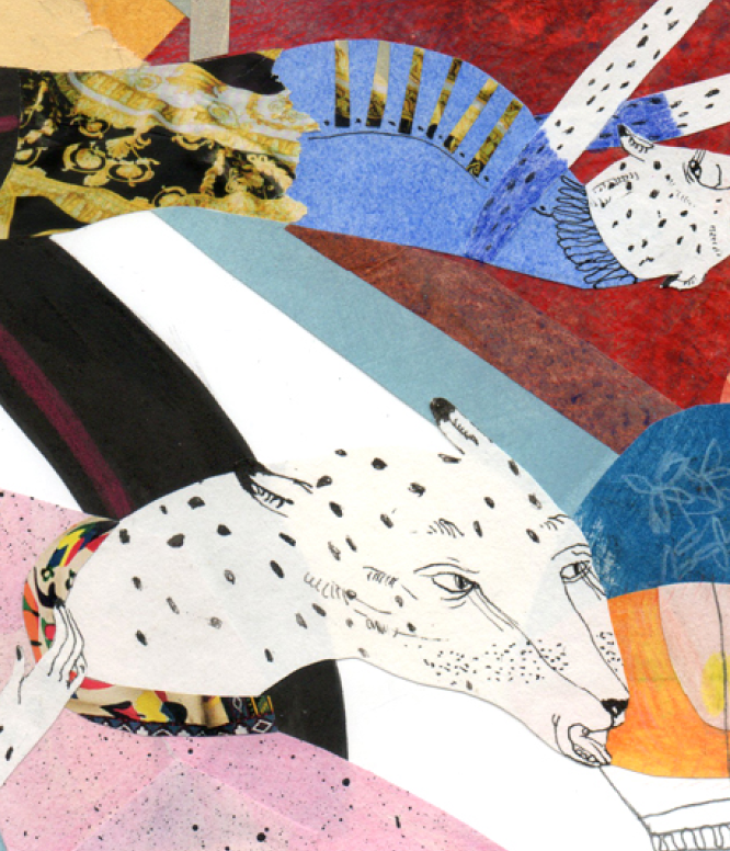 Detail of a collage artwork made with hand-painted paper and newspaper cutouts, featuring a leopard talking and holding a lamp.