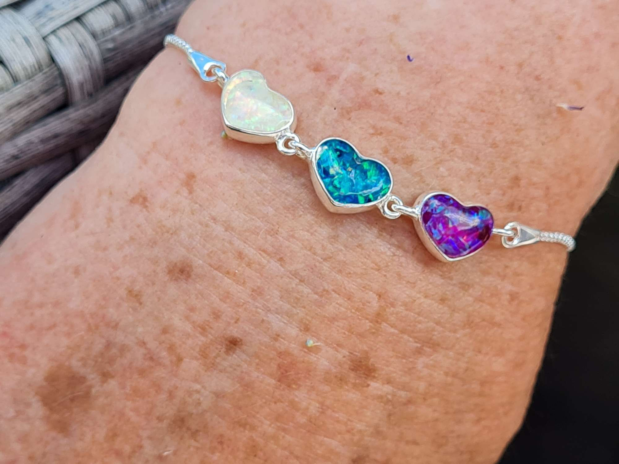 3 heart linked bracelet in opal
