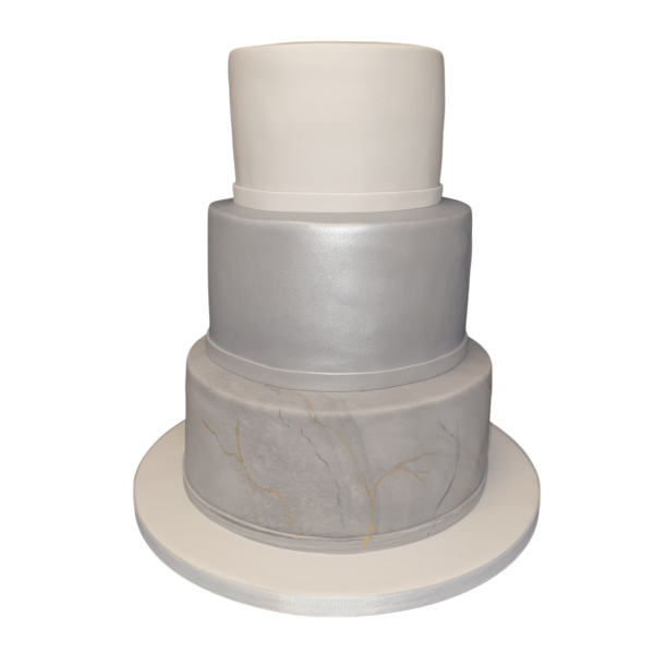 Three-tier wedding cake with marble, pearlised silver, and white sugar paste layers.