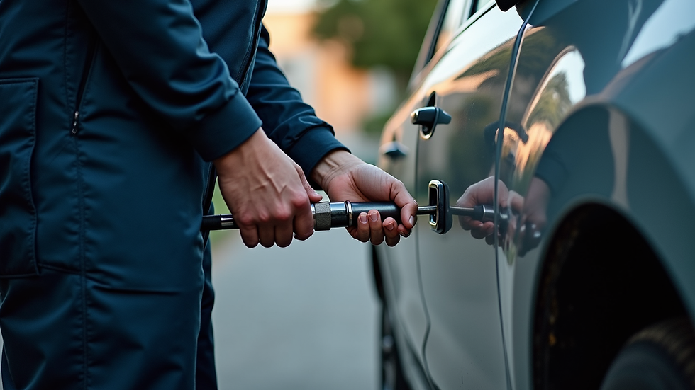 Eye-level view of a locksmith technician unlocking a car door with specialized tools