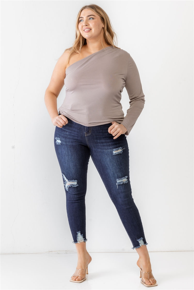 Thumbnail: Plus Mocha Textured One Shoulder Top 