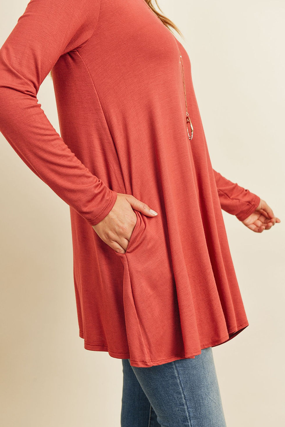 Thumbnail: Solid Long Sleeve Top With Inseam Pocket