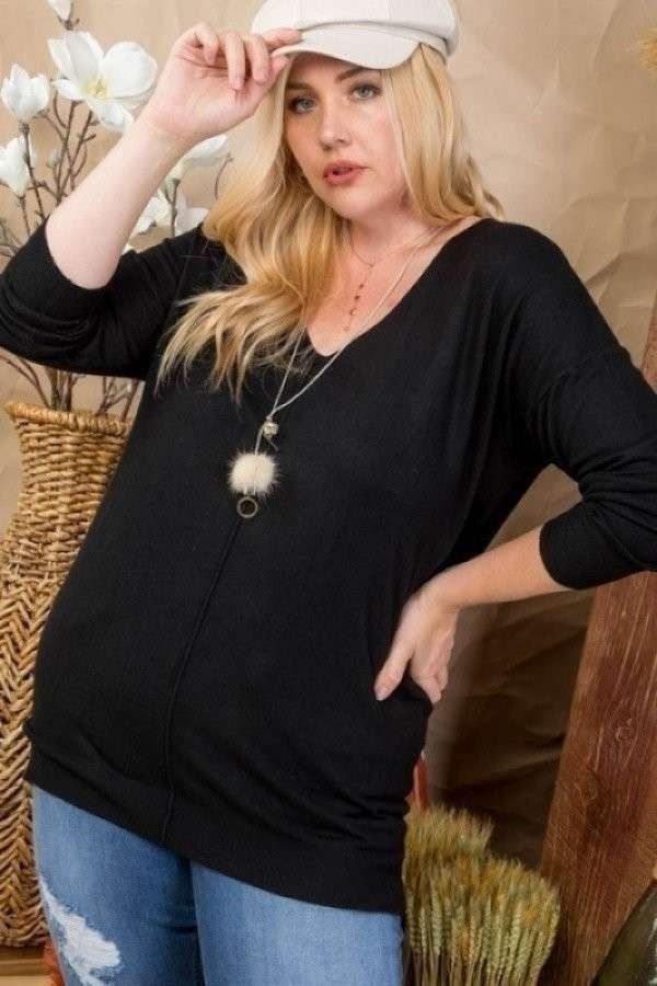 Thumbnail: Plus Size V Neck 3/4 Sleeve Side Slit Hi-lo Sweater