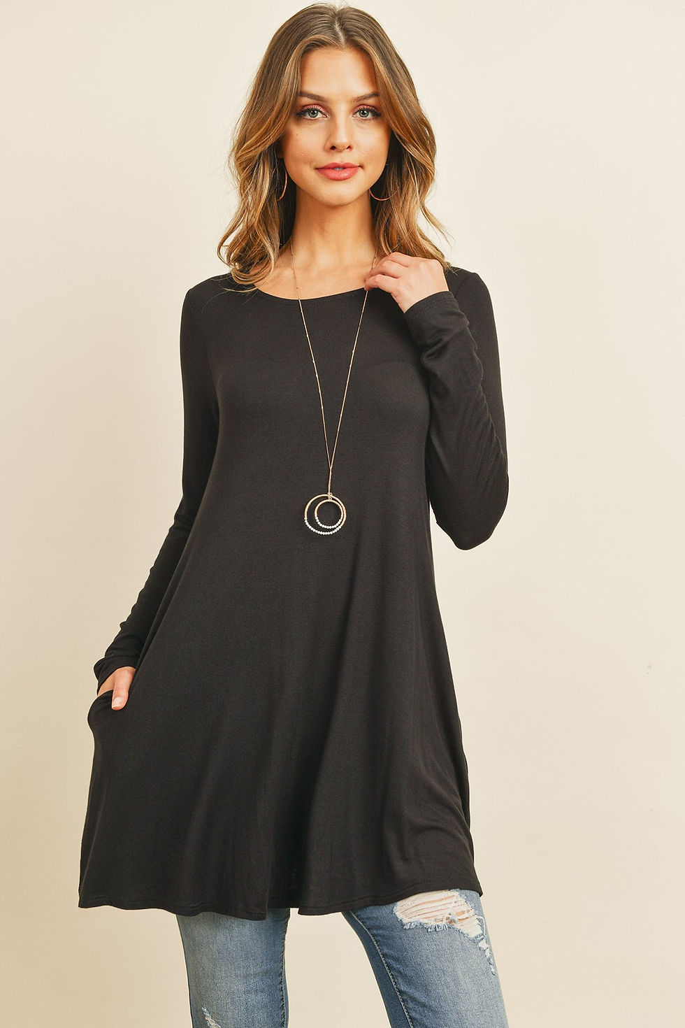 Thumbnail: Solid Long Sleeve Top With Inseam Pocket