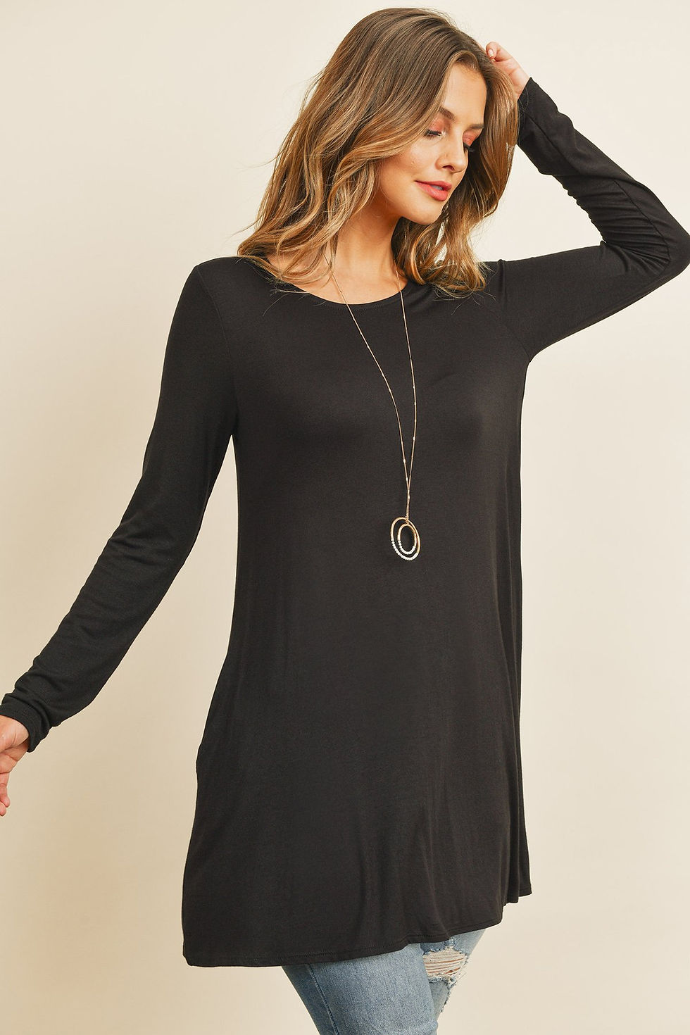 Thumbnail: Solid Long Sleeve Top With Inseam Pocket