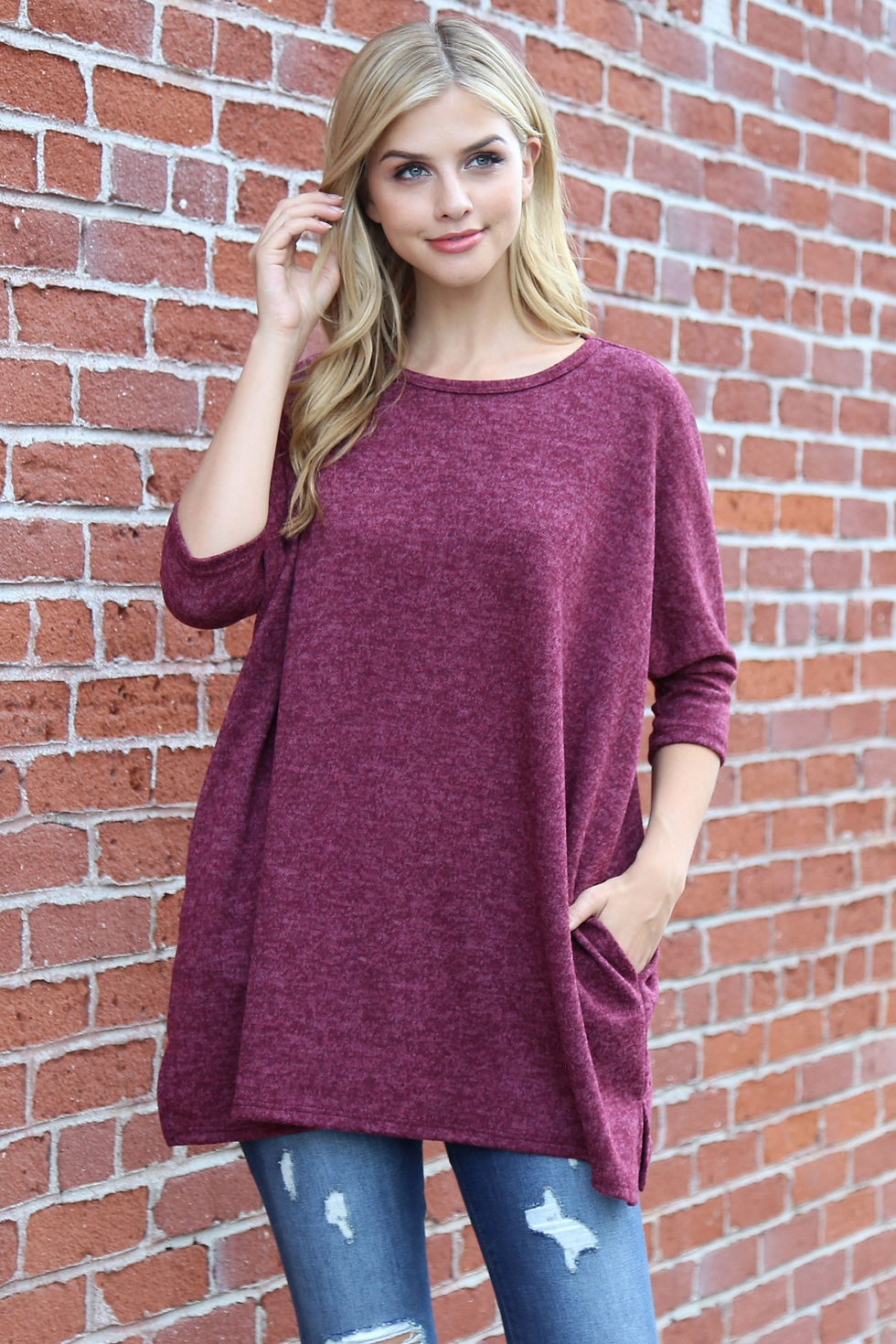 Thumbnail: Two Tone Hacci Oversized Dropped Shoulder Pocket Tunic