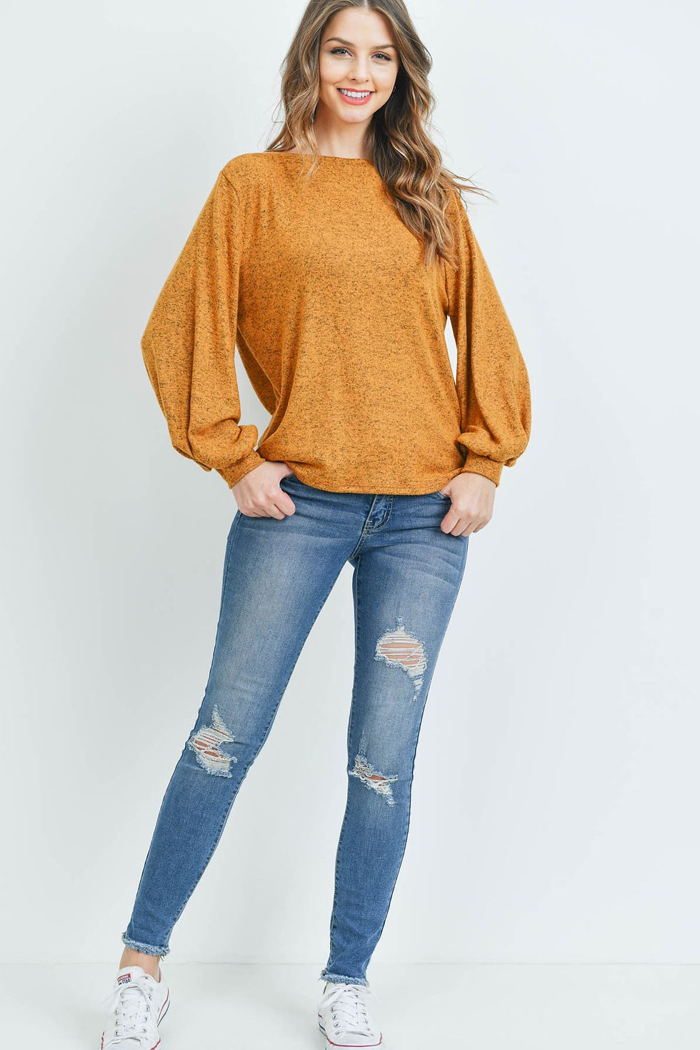 Thumbnail: Puff Sleeved Boat Neck Two Toned Brushed Hacci Top