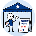 A stick-figure graphic outside a polling place, under a tent, waving