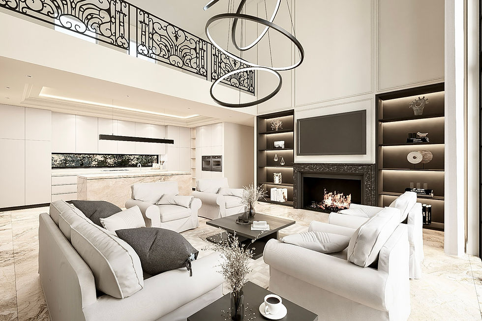 Interior of French provincial open floorplan living room and modern kitchen by Archbuild c