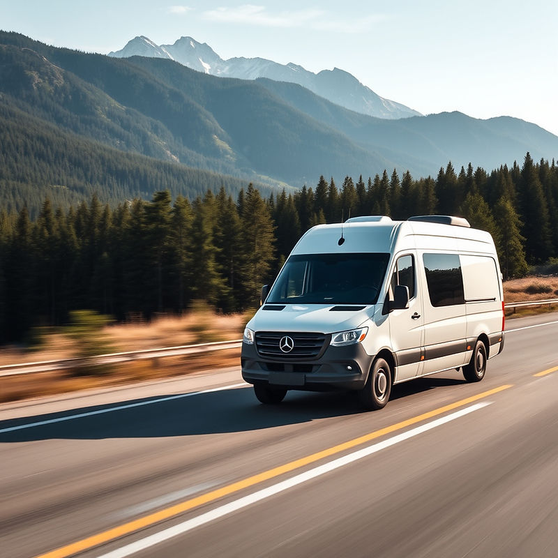 Mercedes-Benz Sprinter Van traveling on highway through forest and mountain in the backgro