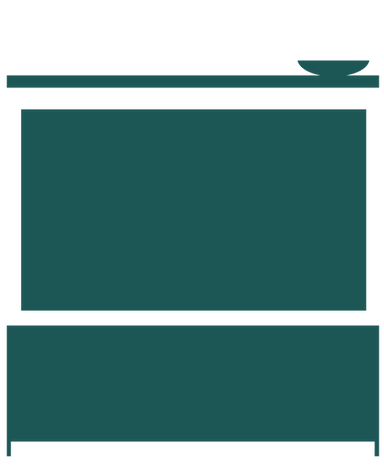 a dark green silhouette of a entertainment console with a wall mounted tv showing client reviews and a wall shelf with bowl