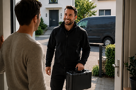 Servicetechniker mit Werkzeugkoffer wird an einer Haustür freundlich empfangen.