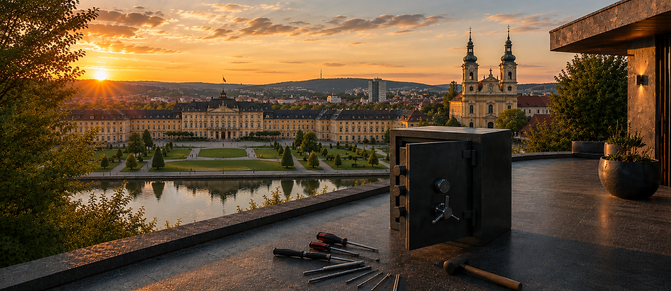 Geöffneter Tresor mit Werkzeug auf einer modernen Terrasse vor der Stadtkulisse von Ludwigsburg mit Residenzschloss, barocker Kirche und Schlossgarten bei Sonnenuntergang.