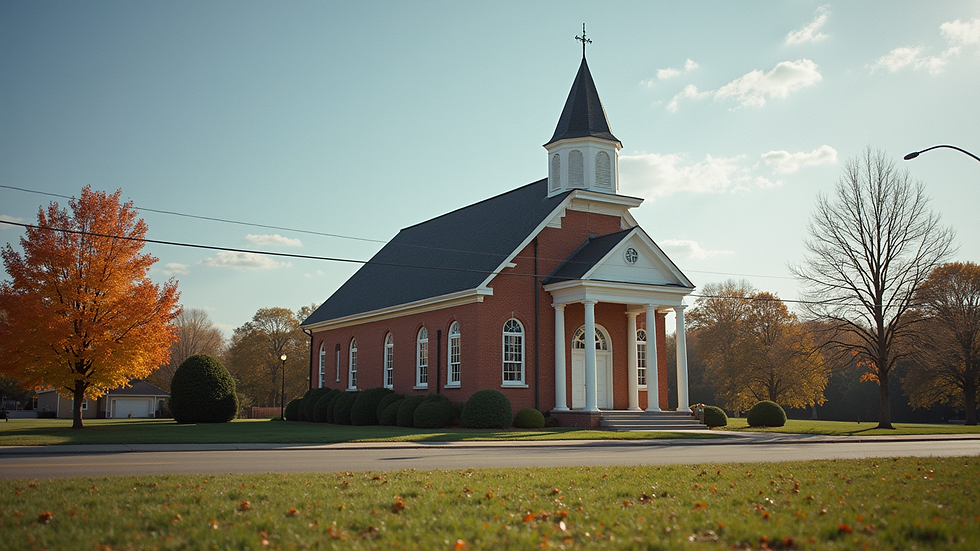 Eye-level view of the Brethren Church building in New Lebanon