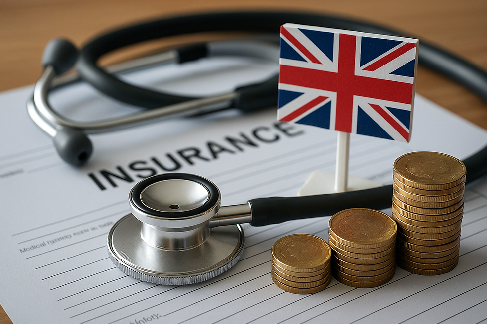Stethoscope on insurance form, British flag, coin stacks suggest healthcare financial theme. Paper background, neutral tones.