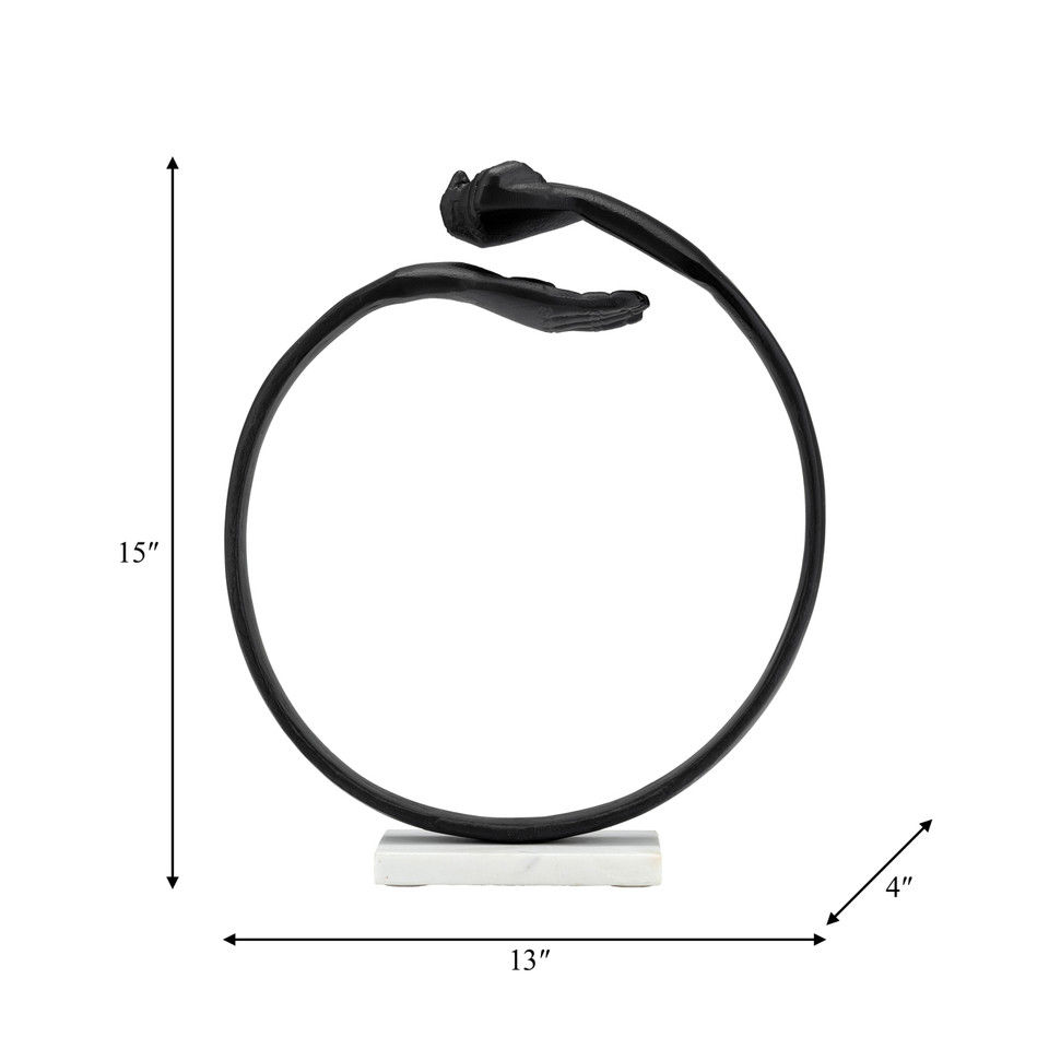 Thumbnail: dimensions of a Metal black ring sculpture with hands at ends