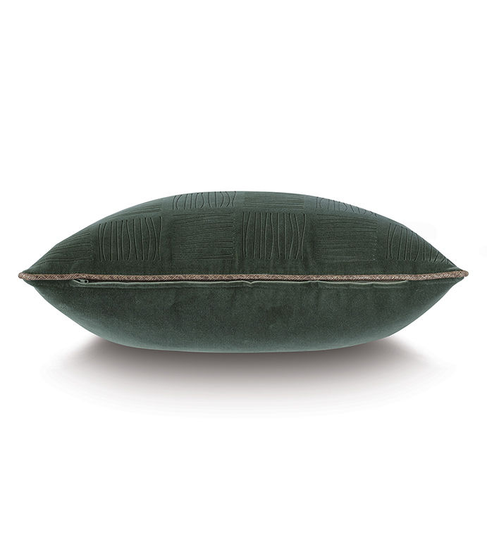 Side profile of forest green velvet throw pillow