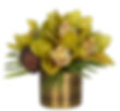 faux green orchid arrangement in brass container