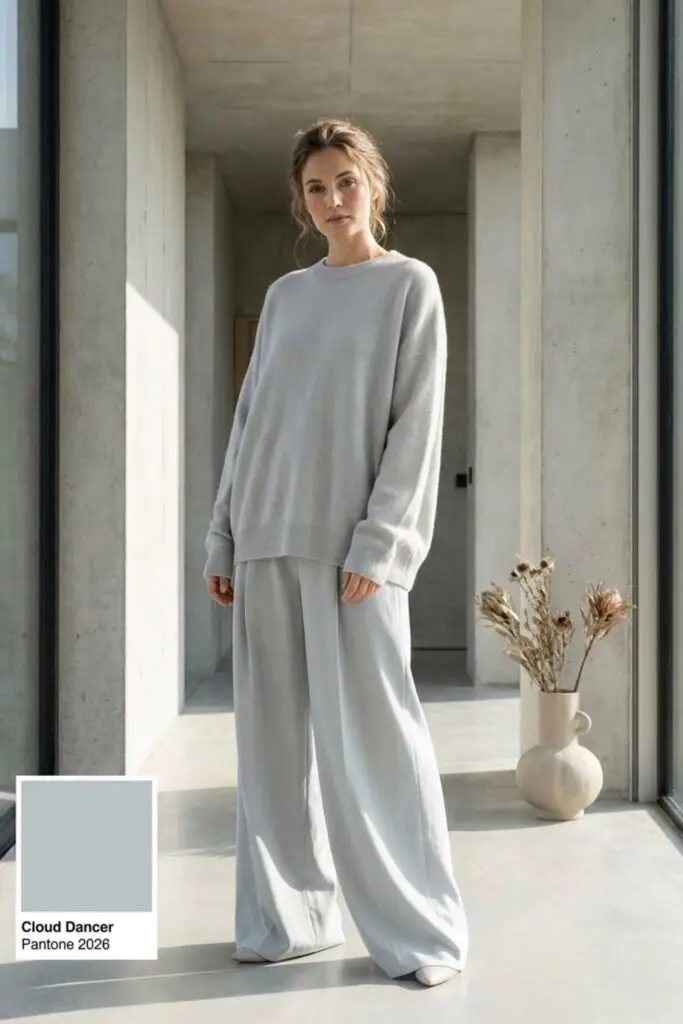 Une femme habillé en coloris Cloud Dancer