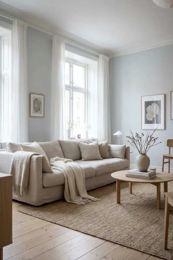 Un salon avec un coloris Cloud Dancer bleuté