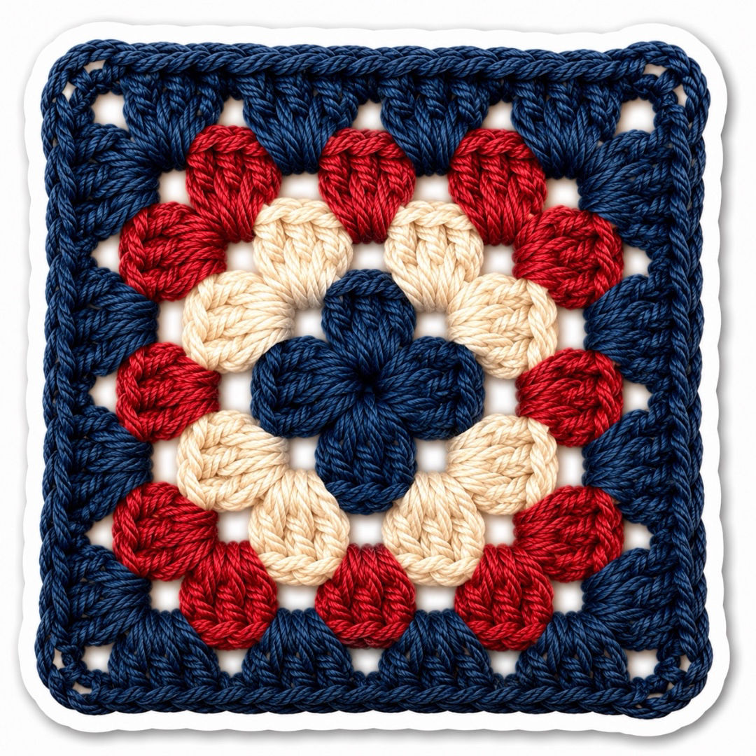 Cozy Granny Square Sticker  ~ Red, White and Blue