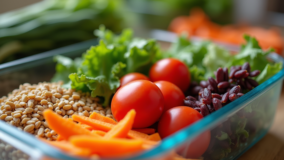 Eye-level view of a colorful meal prep container filled with fresh vegetables and grains